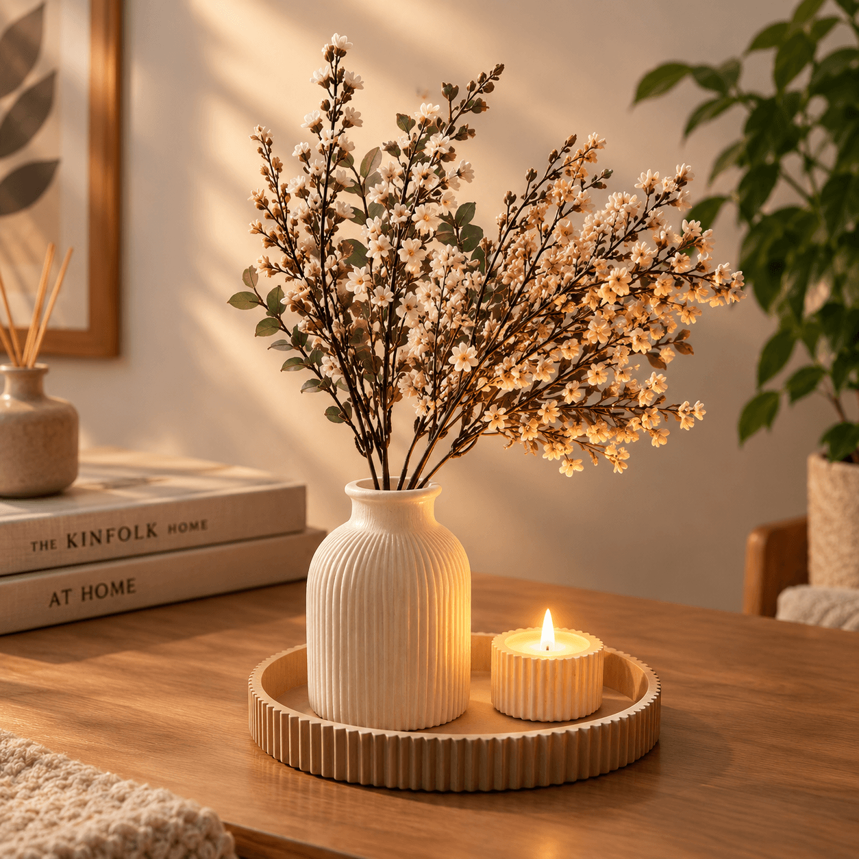 3'lü Minimalist Dekorasyon Seti - Tepsi, Mumluk ve Vazo (12 cm) - Beyaz